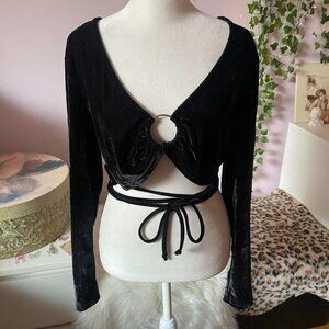 Black Velvet Cropped Long Sleeve Tie Detail Top